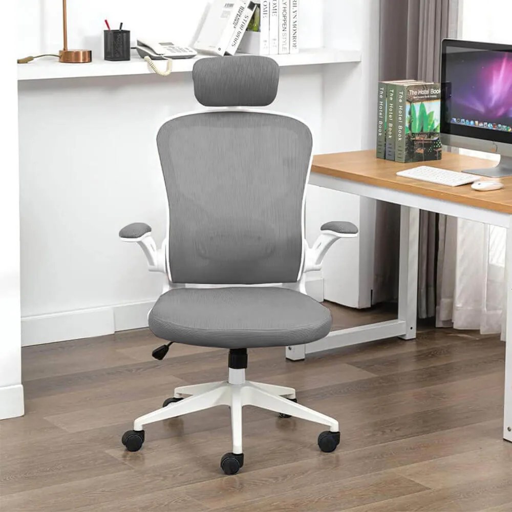 Ergonomiczny fotel biurowy z podparciem lędźwiowym i zagłówkiem, szary