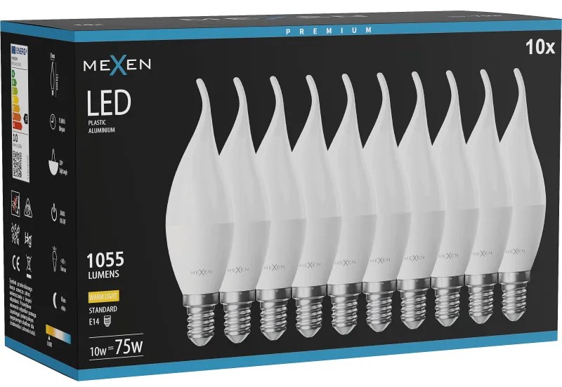 Mexen Nova 10x żarówka LED płomyk E14, C37, 10W, Ciepła - 3000K, 1055 lm - L106-E14-1030-01x10