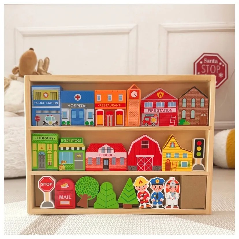 Tooky toy drewniany zestaw budynków i figurek miasto