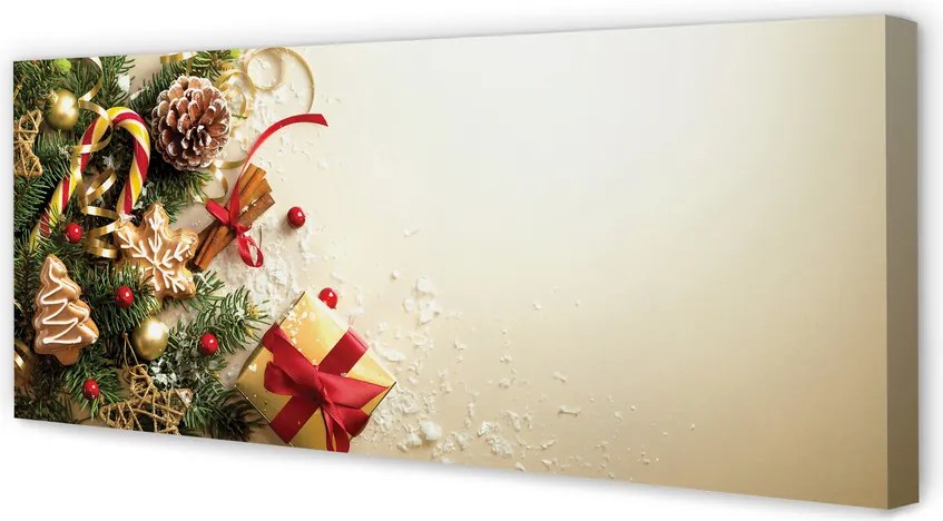 Obraz na płótnie Świąteczny Stół: Gałązki, Prezenty, Szyszki i Pierniki