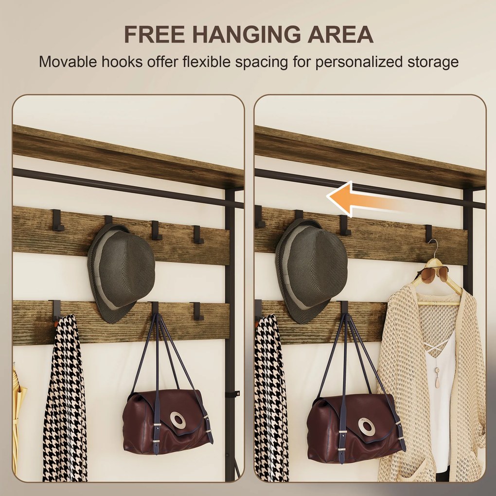 HOMCOM Stojak na ubrania 6 w 1 z ławką i regałem na buty, styl przemysłowy, 10 haków, 2 szuflady z tkaniny, metal, Brązowy