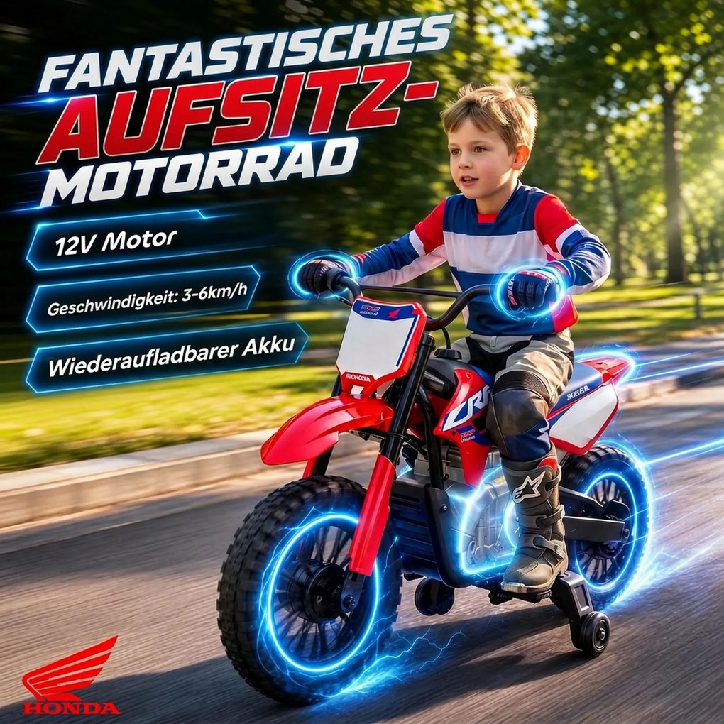 AIYAPLAY Elektryczny motocykl dla dzieci HONDA CRF 450R 12 V dziecięcy motocross z silnikiem 35 W akumulatorem litowym tylne zawieszenie koła 30,48 cm | Aosom PL