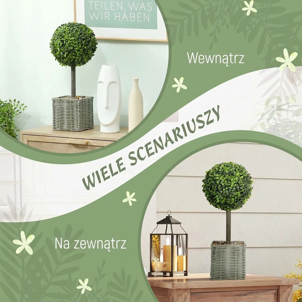 HOMCOM 2-szt. zestaw sztucznych roślin, odporne na UV sztuczne drzewka w doniczce, odpowiednie do wnętrz i na zewnątrz, tworzywo sztuczne, cement, zielony