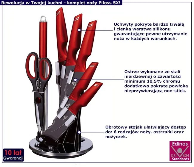 Czerwony komplet noży ze stali niedzewnej w stojaku - Piloss 5X