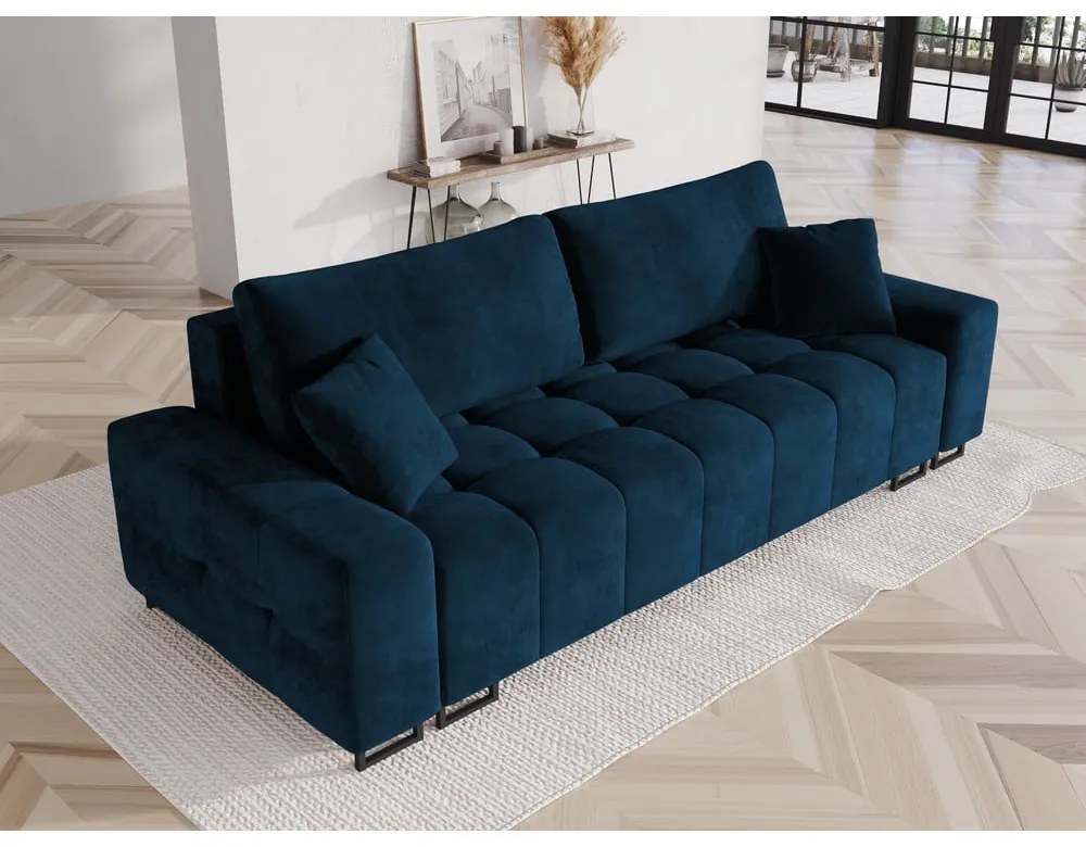 Niebieska aksamitna rozkładana sofa ze schowkiem 250 cm Wicklow – Cosmopolitan Design