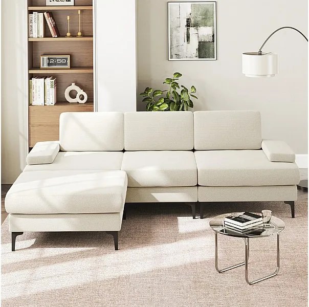 Narożna Sofa 3-osobowa z Weluru - z Pufą - Max. Obciążenie 650kg - 244x146x83cm - Beżowy