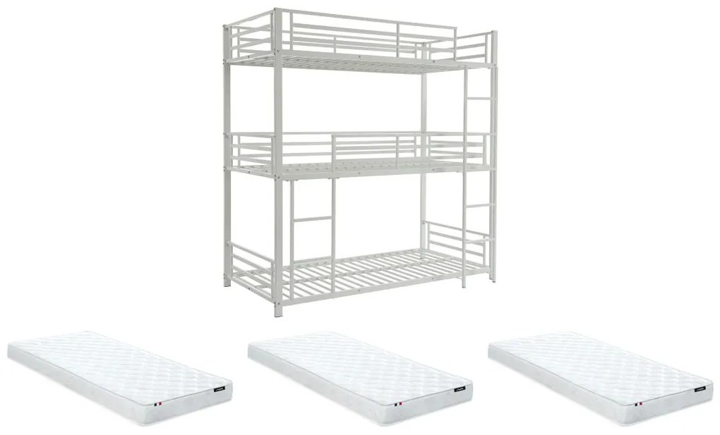Potrójne łóżko piętrowe 3 x 90 x 190 cm – Metal – Biały + Materac – ELOUAN III