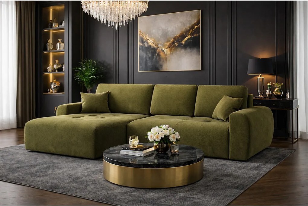 Narożnik w kształcie L z funkcją spania i pojemnikiem Ivo L, tkanina welurowa Salvador, Oliwkowy, Lewy