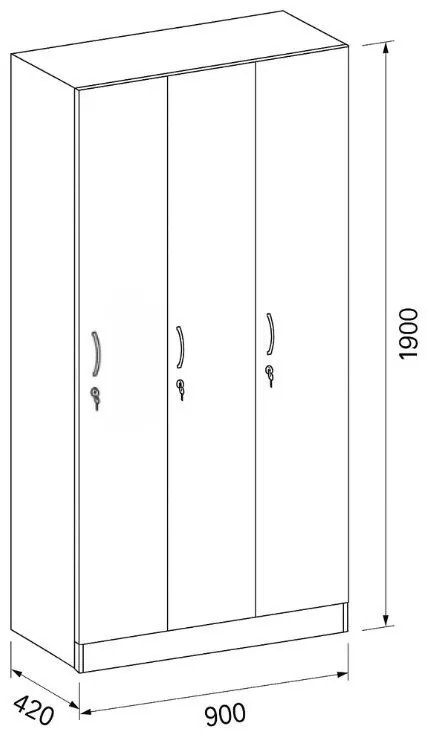 Drewniana szafka ubraniowa S5, 3-drzwiowa, 1900 x 900 x 420 mm, zamek cylindryczny, szary/grafitowy