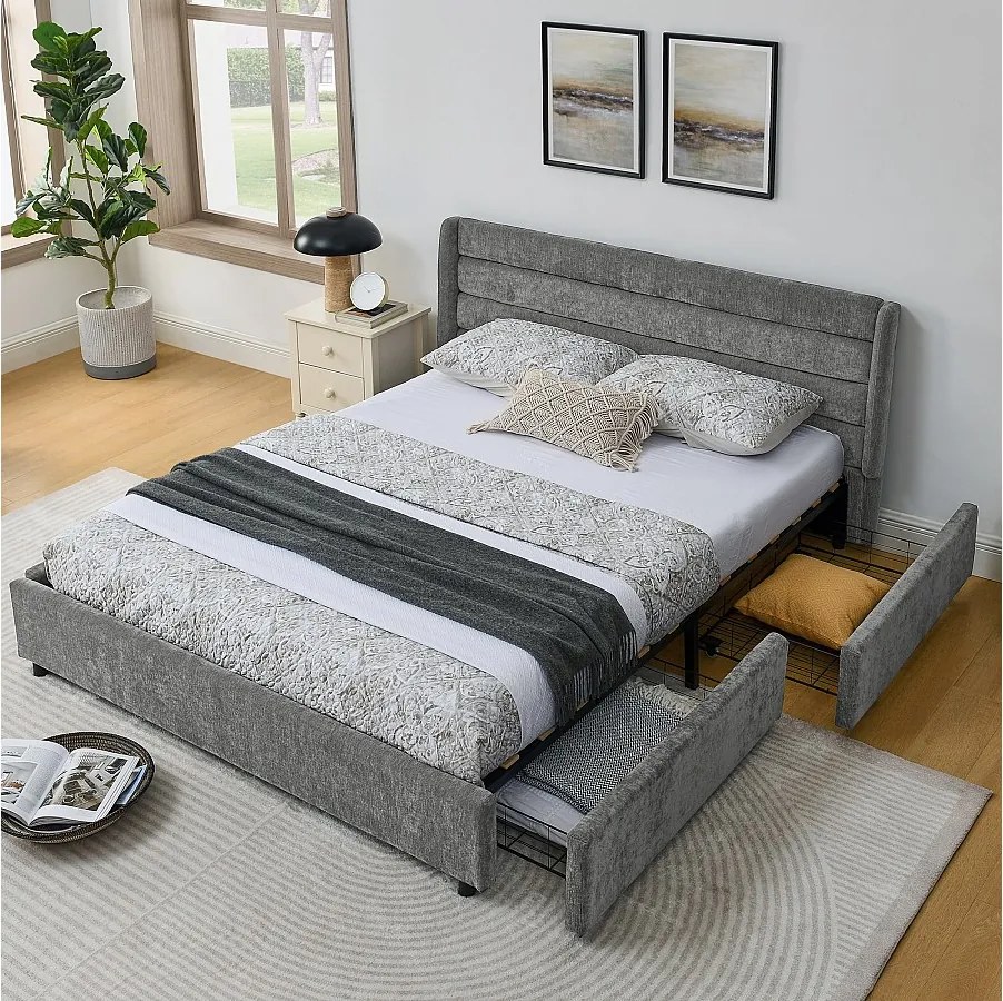 Łóżko podwójne 160 x 200 cm – łóżko dla dorosłych z 2 dużymi szufladami – ciemnoszara tkanina szenilowa – materac nie jest wliczony w cenę