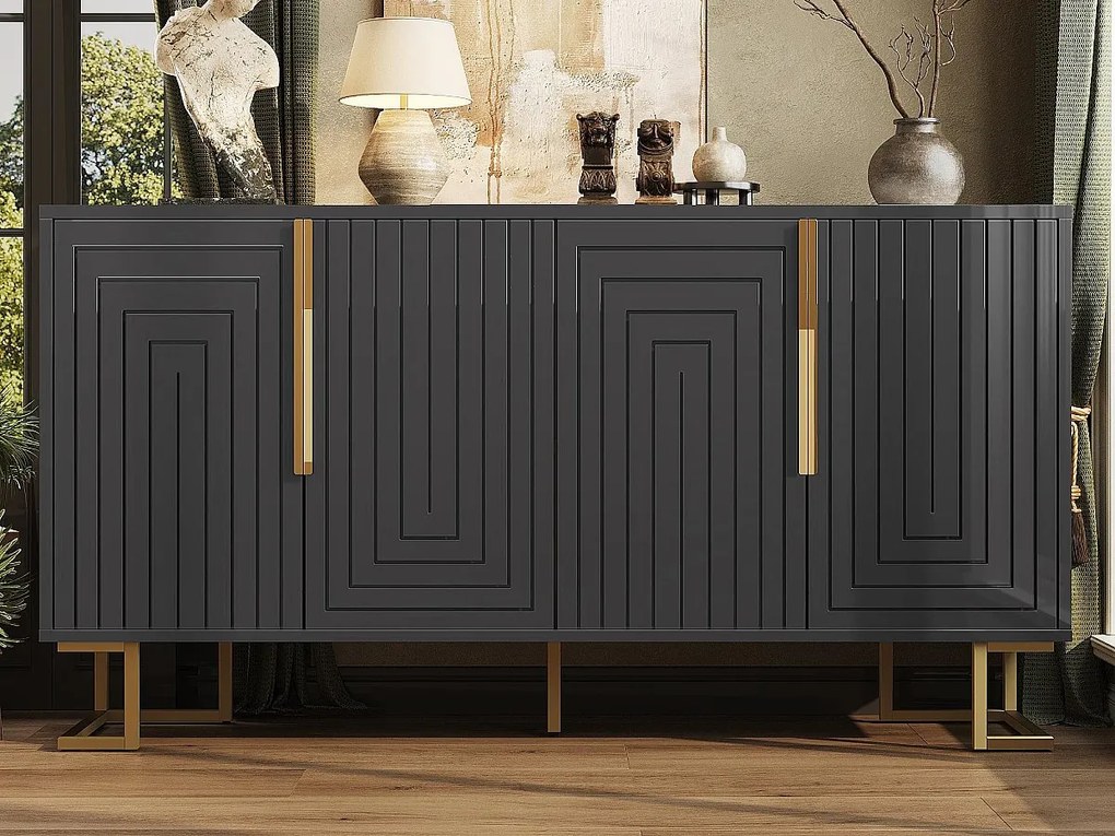Nowoczesny bufet 152×40×75 cm - z 4 drzwiami - ze złotymi uchwytami i nogami - czarny