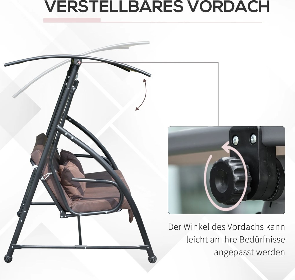 Outsunny Huśtawka Ogrodowa 3 Osobowa z Regulowanym Daszkiem Hamak Wiszący Brązowy Poliester 215x120x165cm | Aosom PL