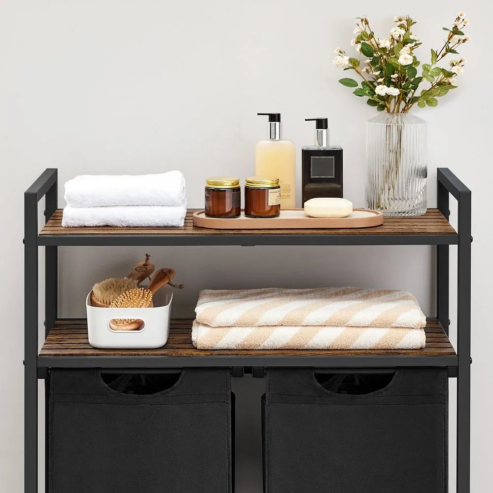 Kosz na bieliznę z 2 półkami BERGEN, 2x46l, czarna/brązowa Vasagle