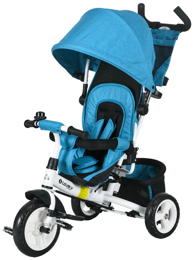 HOMCOM Trójkołowy rower dla dzieci, Koszyk, Uchwyt na Kubek, Daszek przeciwsłoneczny, Metal, Niebieski