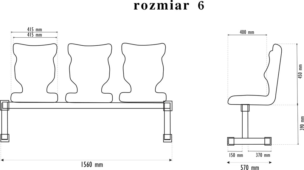 Zestaw siedziskowy - ławka korytarzowa szkolna Bench 3-osobowa, rozmiar 4-6, podstawa czarna