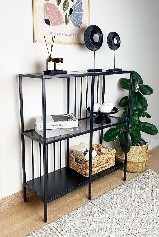 Komoda – 80 cm x 90 cm x 30 cm – Czarno-dymna – Płyta wiórowa dębowa i metal