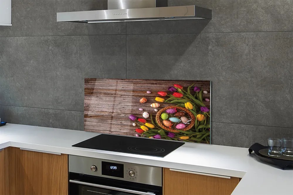 Szkło do Kuchni na Ścianę Tulipany i Jajka na Drewnie