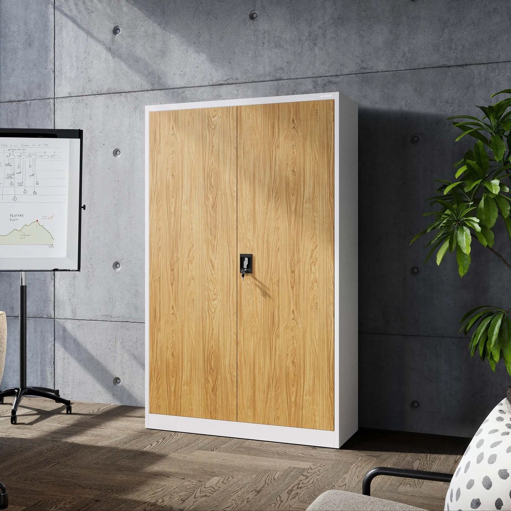Szafa biurowa metalowa na akta, szeroka, biały/złoty dąb, 1150x1850x400 mm: JAN II Eco Design