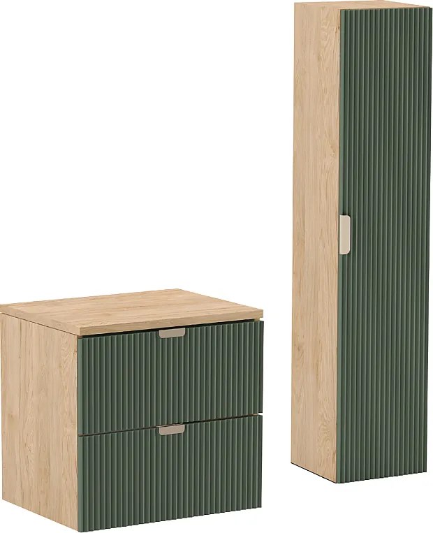 Zestaw Łazienkowy 60cm Szafka Blat Słupek Ryflowane Fronty Zielony / Dąb Orzech
