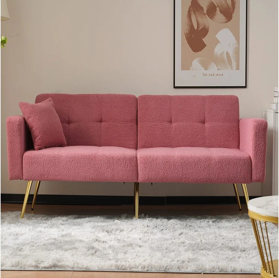 Sofa do salonu, różowy plusz, kanapa dwuosobowa z regulowanym, wyściełanym oparciem, złote nogi