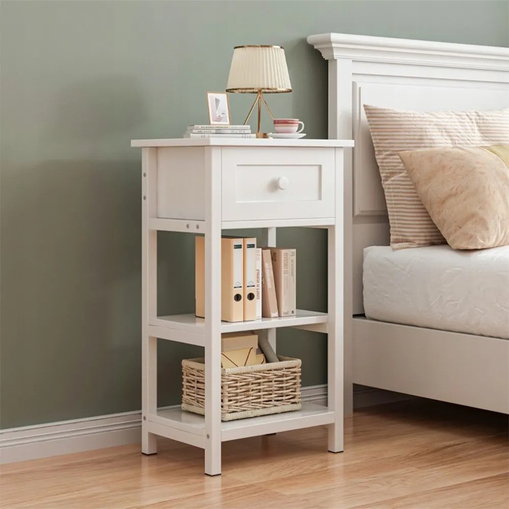 Biała szafka nocna z szufladą i 2 półkami – styl loftowy, MDF, 45x68x30 cm