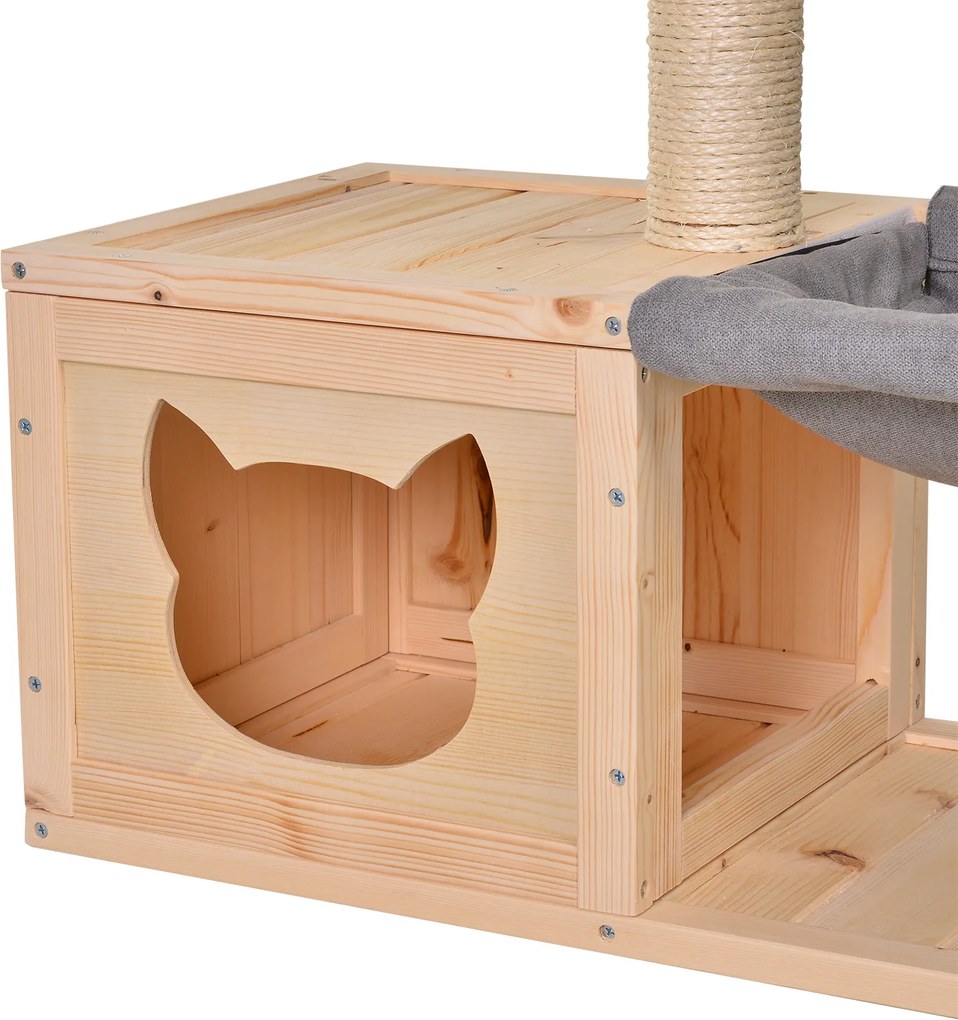 PawHut wielofunkcyjny domek dla kota z drapakiem hamakiem i słupkiem sizalowym drewno jodłowe naturalne | Aosom PL
