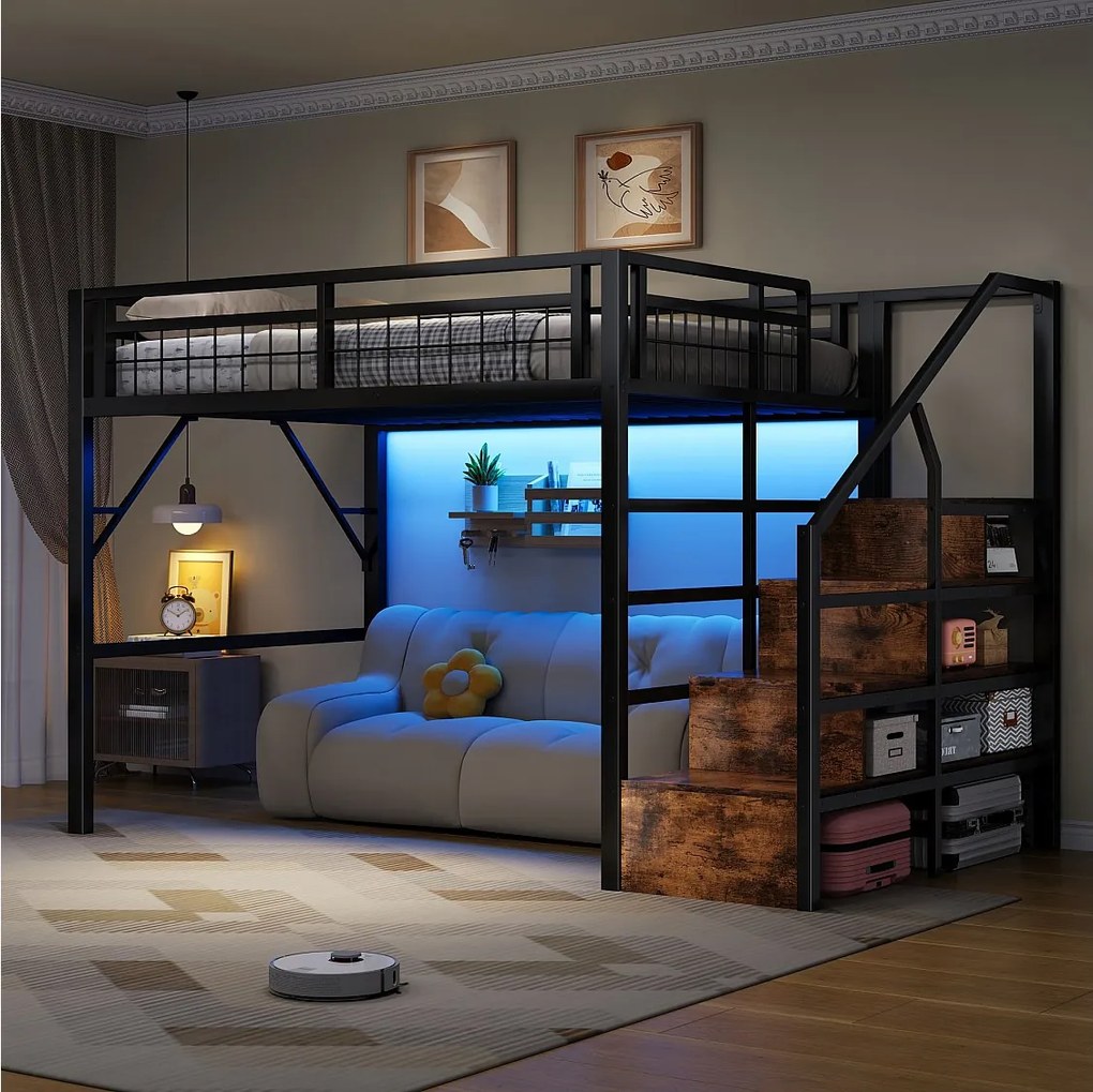 Łóżko piętrowe dla dzieci - 140 x 200 cm - rama żeliwna - z diodami LED + drabinka ze schowkiem - metalowe - czarne