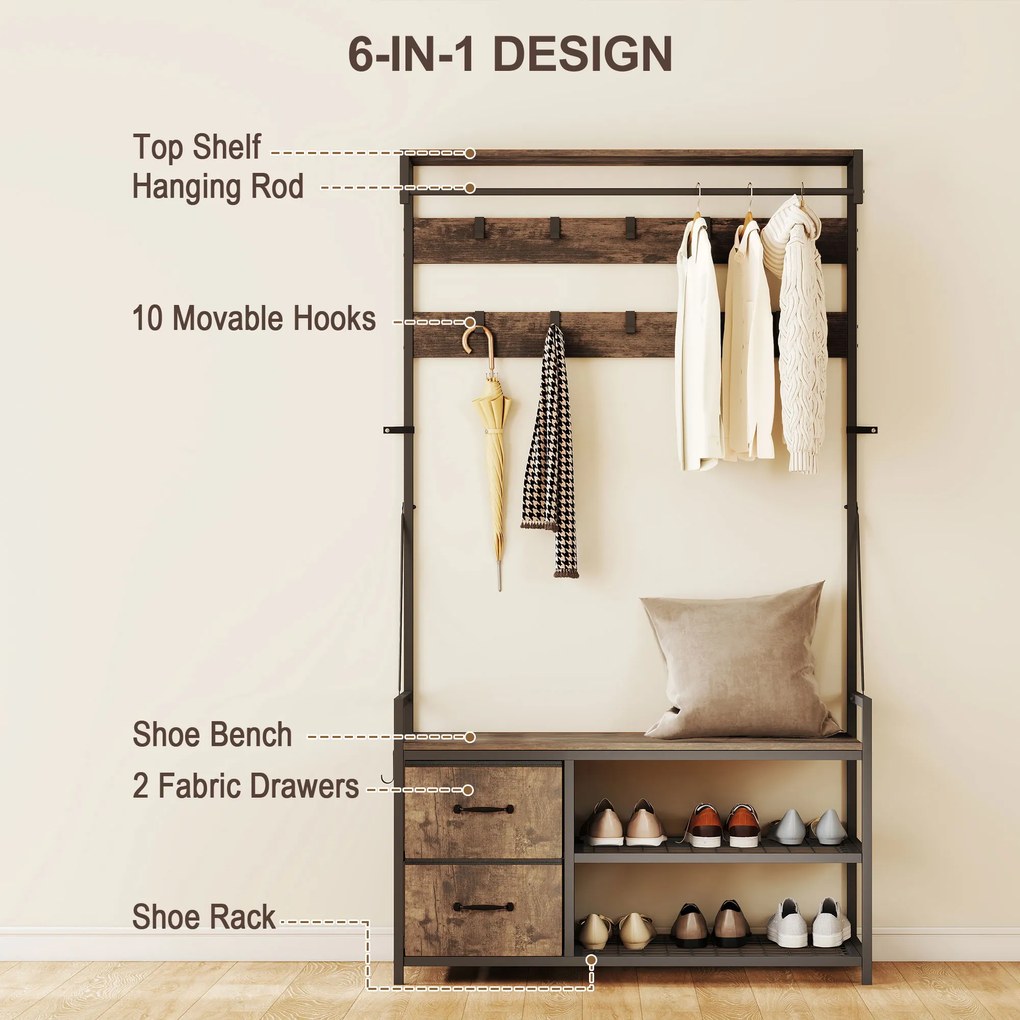 HOMCOM Stojak na ubrania 6 w 1 z ławką i regałem na buty, styl przemysłowy, 10 haków, 2 szuflady z tkaniny, metal, Brązowy