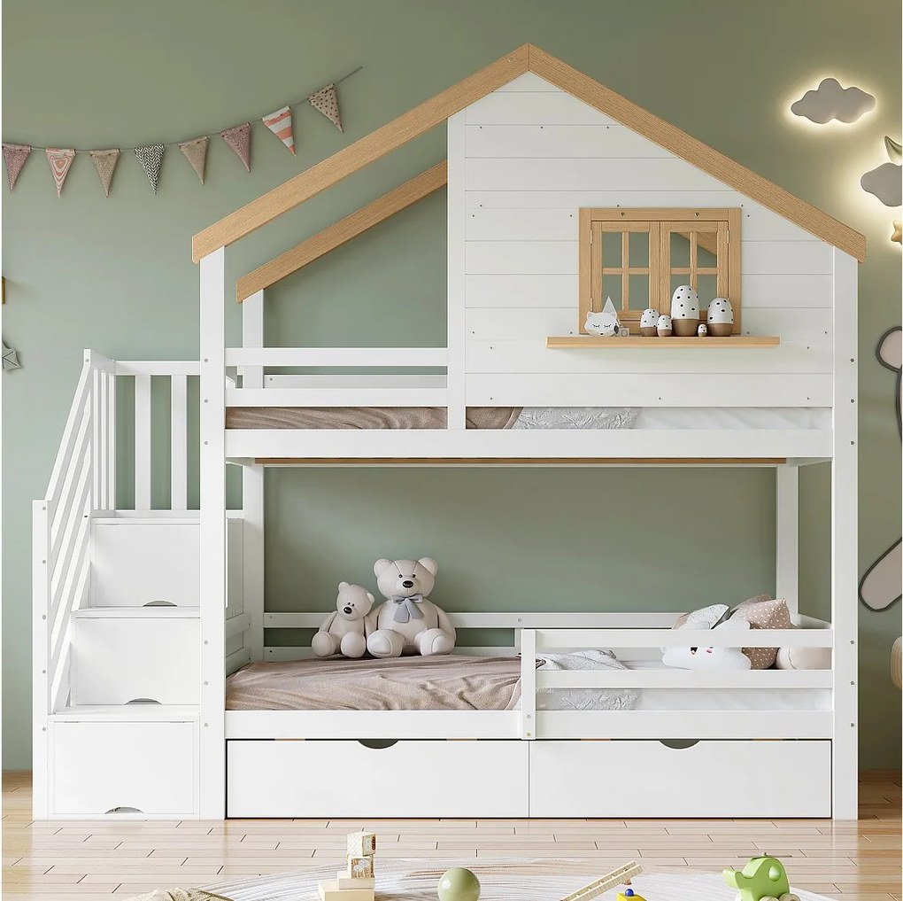 Łóżko piętrowe dla dzieci - 2 x 90 x 200 cm - ze schodkami do przechowywania + okno + 2 szuflady - drewno + płyta MDF - białe