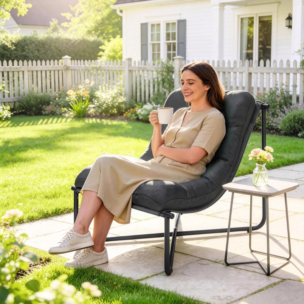 Outsunny Fotel Lounge Outdoor Ergonomiczny fotel ogrodowy z przyjazną dla skóry poduszką Szerokie siedzisko Stalowy stelaż Ciemnoszary | Aosom PL