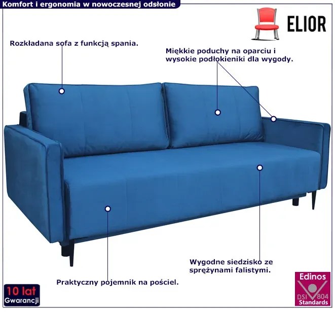 Niebieska sofa z funkcją spania i pojemnikiem A9-M04