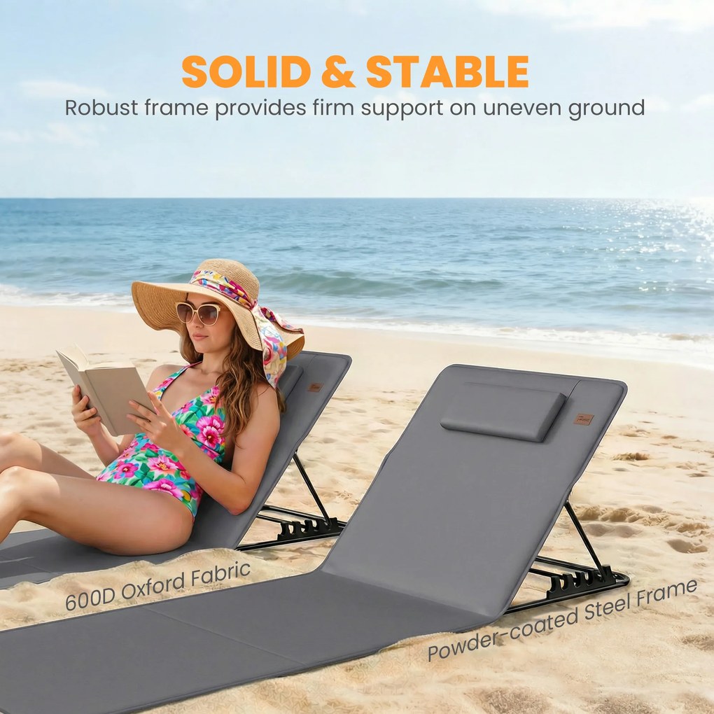 Outsunny Zestaw 2 mat plażowych z regulowanym oparciem, składane lekkie leżaki plażowe z poduszką i kieszenią na przechowywanie | Aosom PL