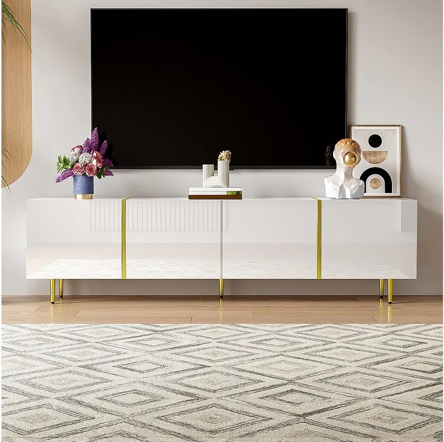 Biała szafka RTV z 4 drzwiami na wysoki połysk i złotymi nogami - do salonu i biura