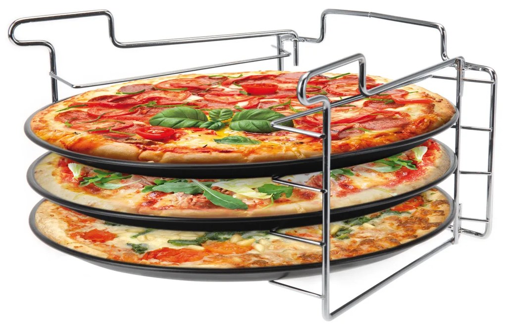 Zestaw do pieczenia pizzy: 3 metalowe blaszki + stojak