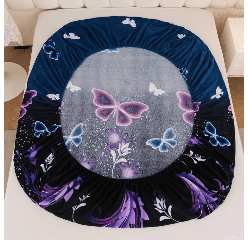 PrzytulneMieszkanie.pl Prześcieradło z mikropluszu VIOLET BUTTERFLY 200x200 cm ciemnoniebieskie