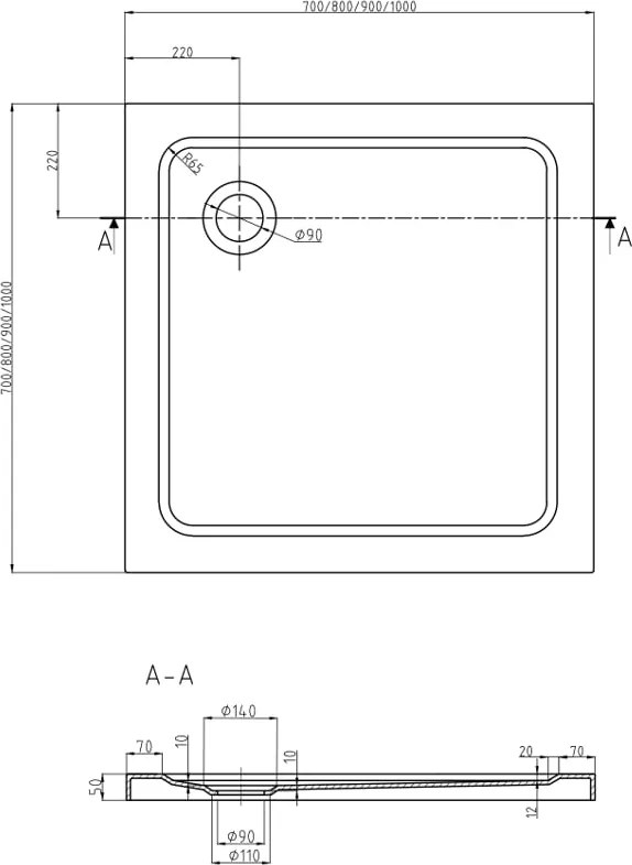 Mexen Flat brodzik kwadratowy slim 70 x 70 cm, biały, syfon chrom - 40107070