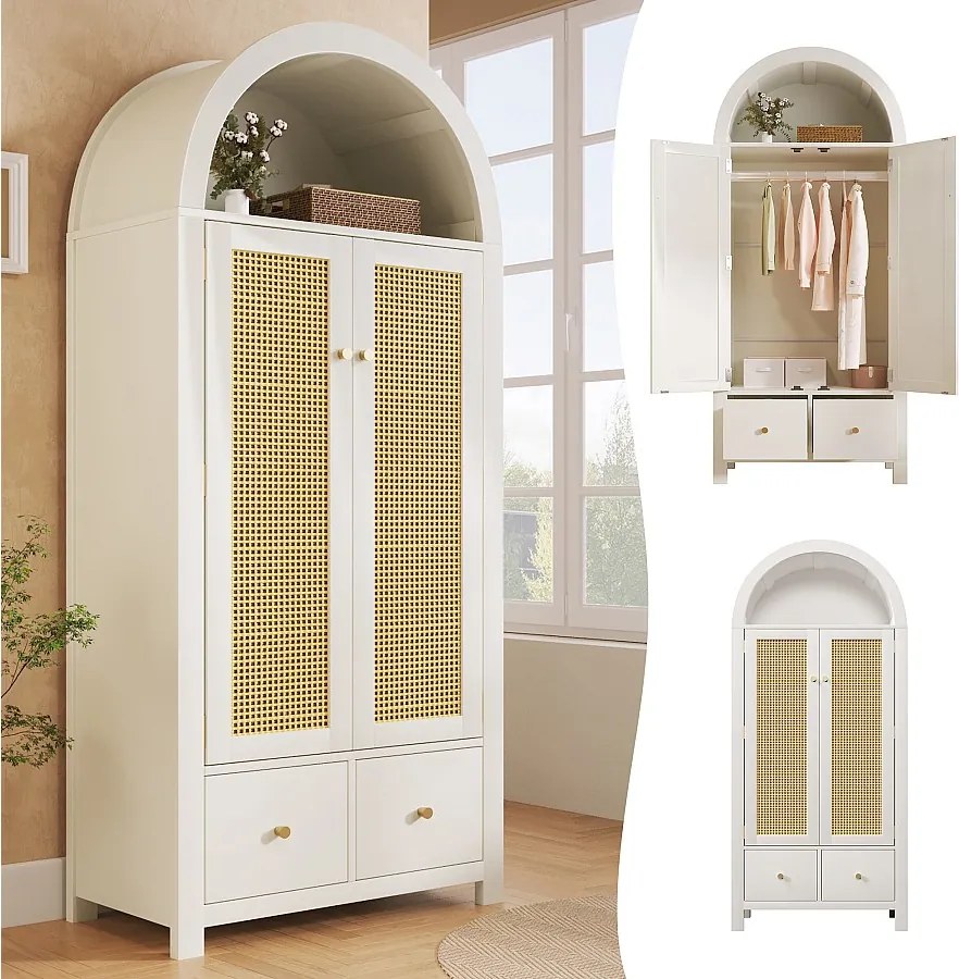 Szafa z plecionego rattanu - 181 x 78 x 45 cm - styl rustykalny z wykończeniem dębowym - z półką + 2 drzwi + 2 szuflady - drewno - biały