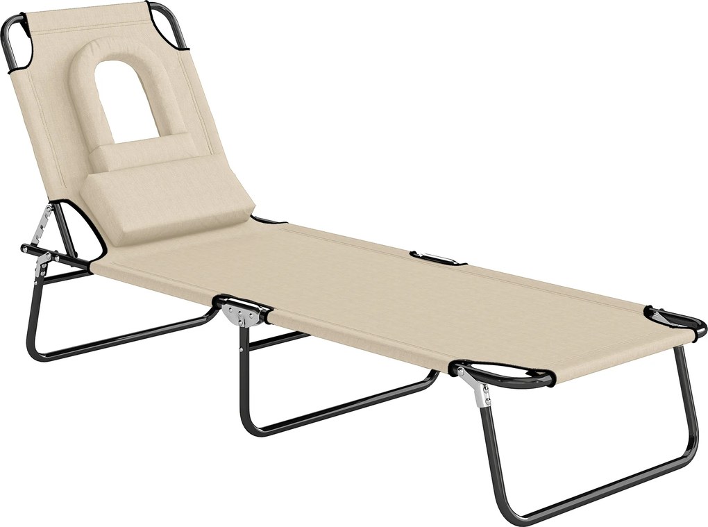 Outsunny Leżak z otworem na twarz i poduszką, składany, wodoodporne pokrycie, metalowy stelaż, beżowy | Aosom PL