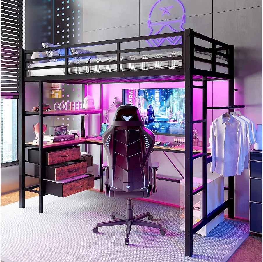 Łóżko piętrowe dla dzieci - 90 x 200 cm - z diodami LED + biurko + port USB + 3 szuflady - metal + płyta MDF - czarne