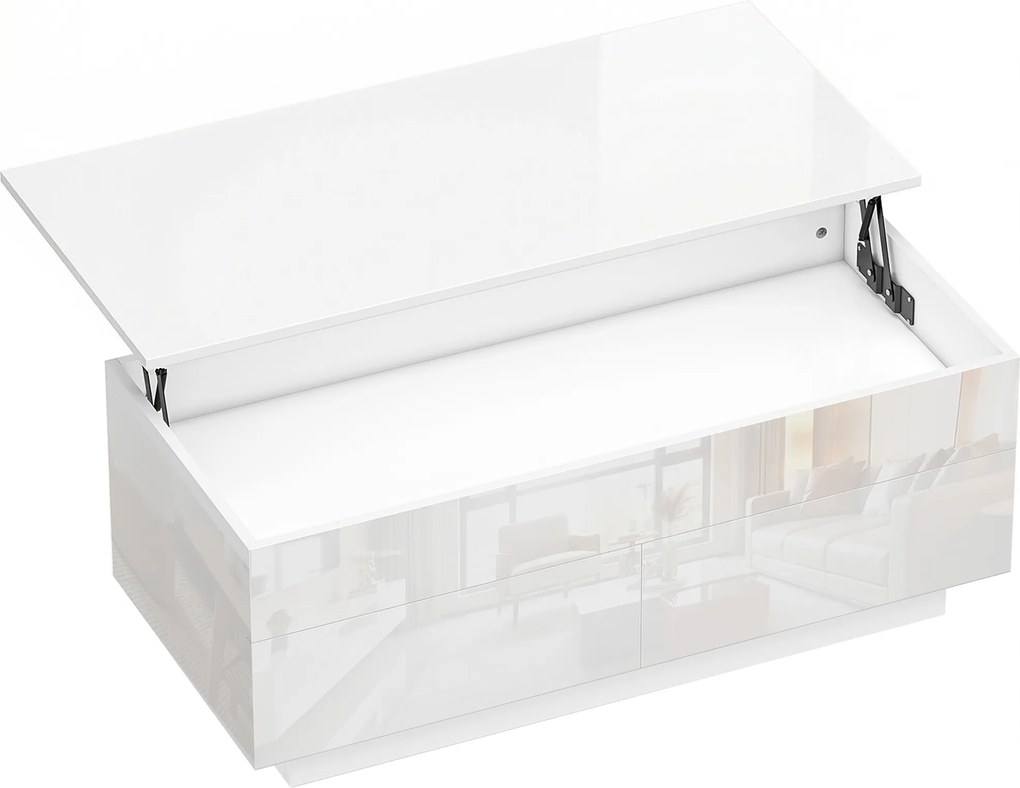 HOMCOM Stolik kawowy regulowany, nowoczesny stolik do salonu z ukrytym schowkiem i 2 szufladami, biały wysoki połysk | Aosom PL