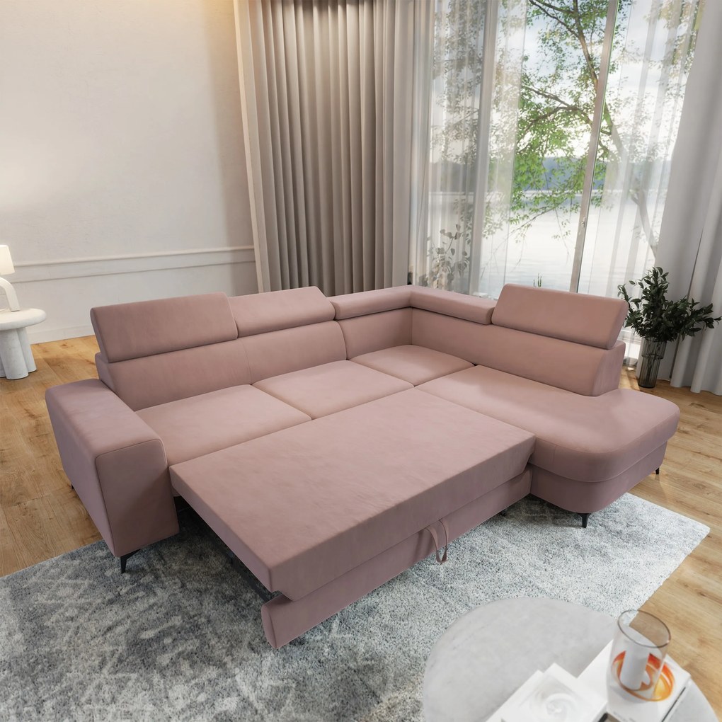 Masseno Narożnik ALVORO z funkcją spania i pojemnikiem na pościel Narozniki L, Rozkładana sofa - Pudrowy róż, MATT VELVET 61