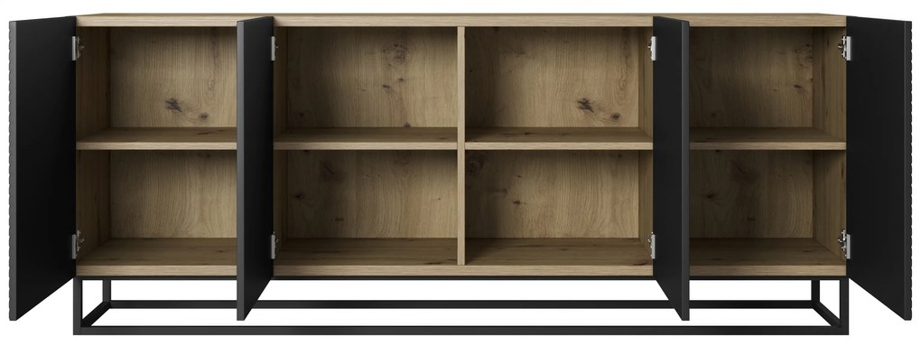 Komoda Asha 200 cm czterodrzwiowa na stelażu - artisan / czarny mat