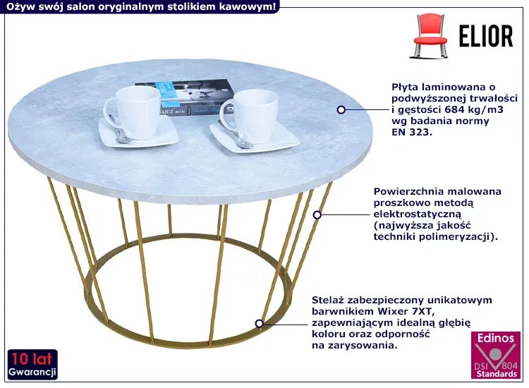 Okrągły stolik kawowy ze złotym stelażem beton - Melbro 3X