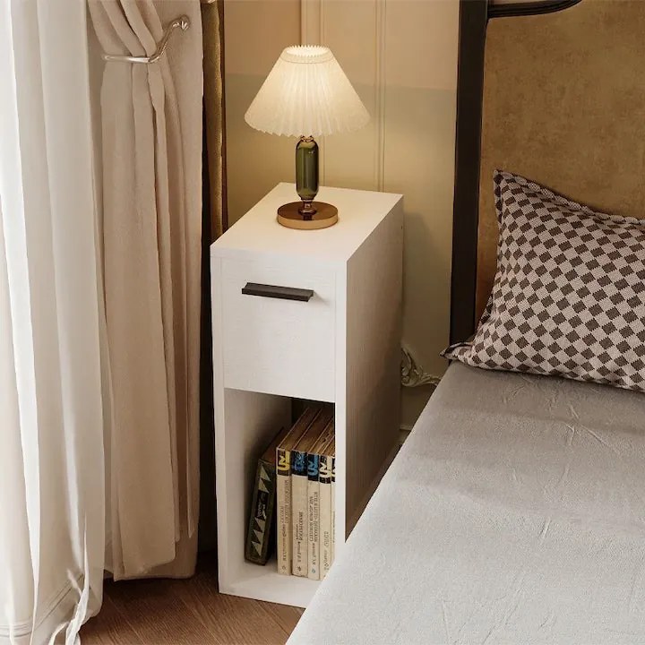 Szafka nocna biała z szufladą stolik z półką nowoczesny loft sypialni