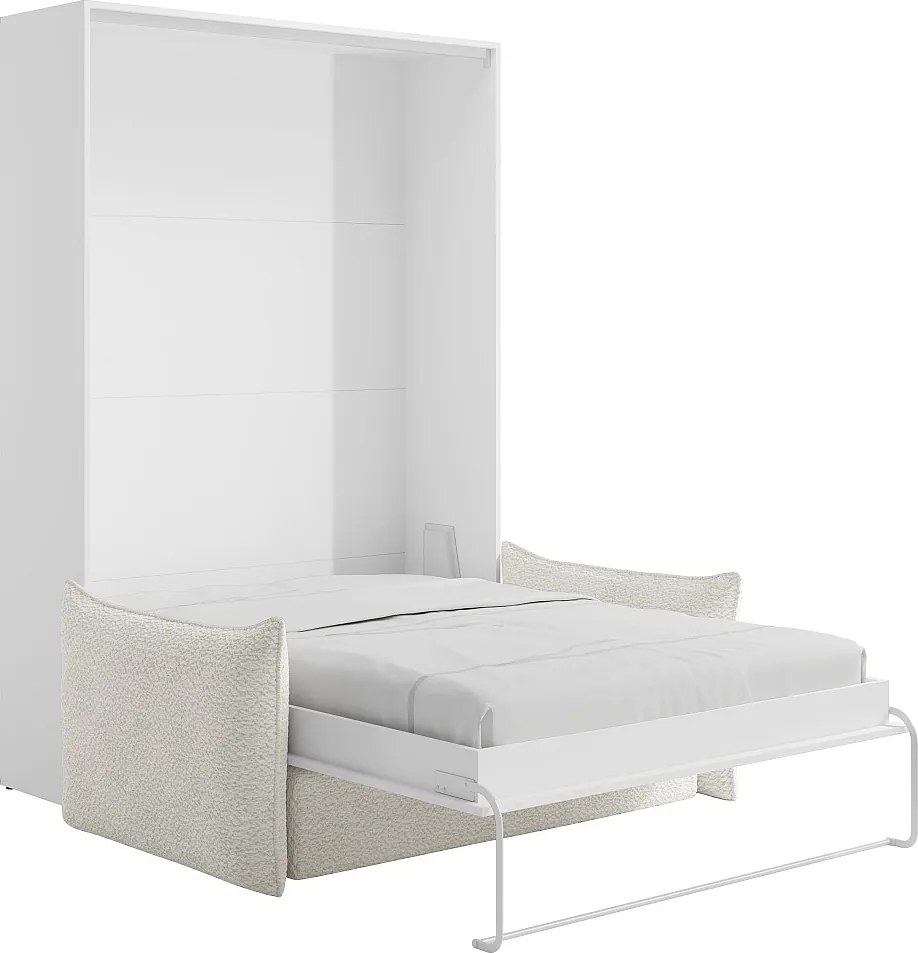 Łóżko chowane w szafie 140 x 200 cm - Ręczne otwieranie pionowe - Białe + Materac + kanapa - BEGANIO