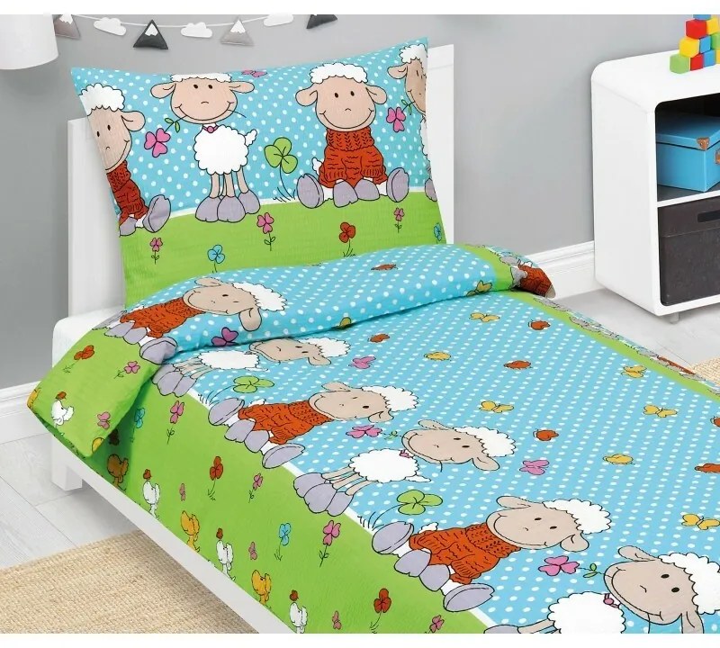 Bellatex Pościel dziecięca z krepy Sheepniebieska, 140 x 200, 70 x 90 cm