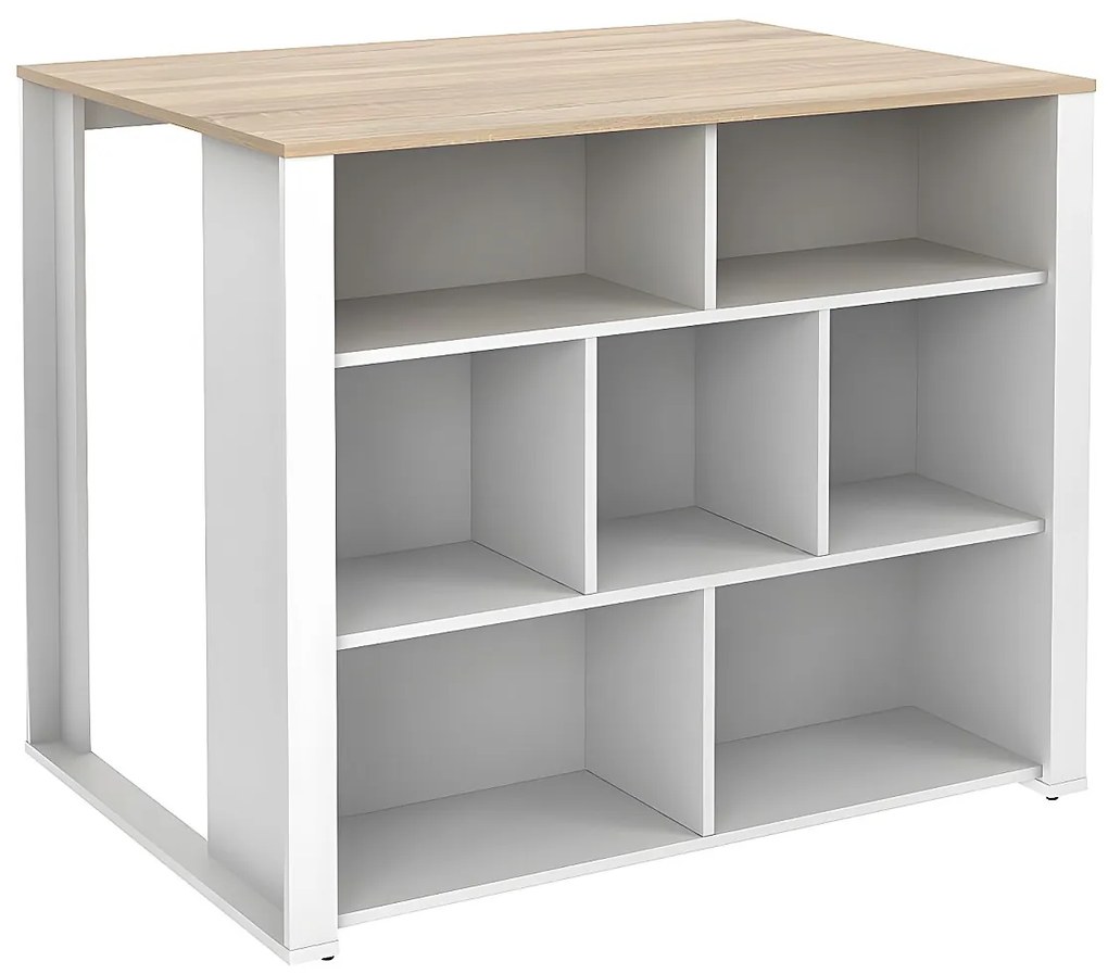 Wyspa kuchenna OPOLE z miejscem do przechowywania – 7 wnęk – kolor biały i dębowy