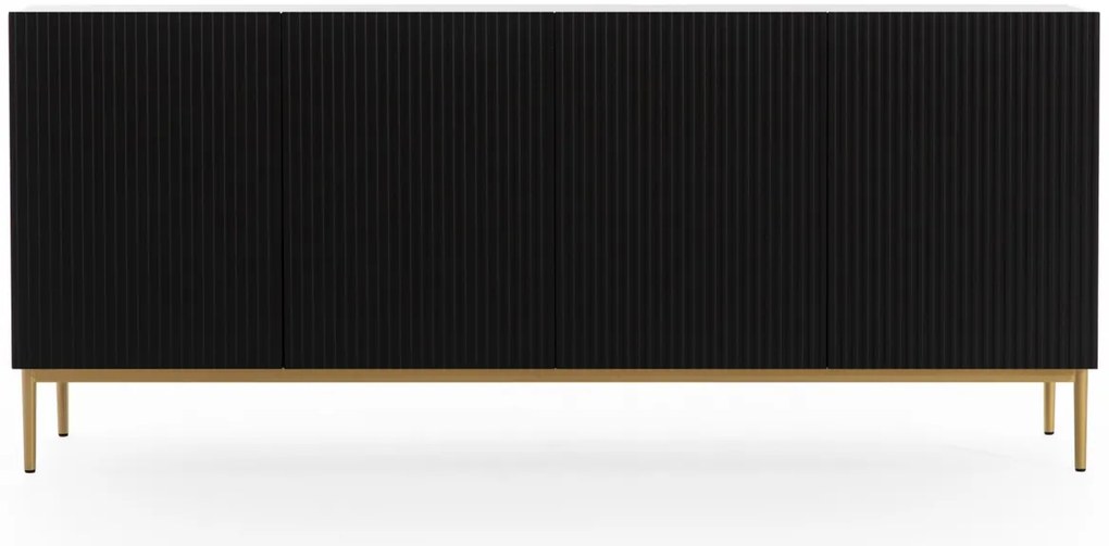Komoda Nicole 200 cm czterodrzwiowa z ryflowanym frontem - czarny mat / złote nóżki
