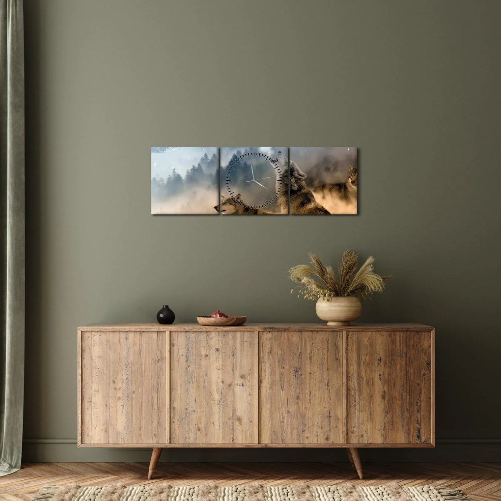 Obraz - wilki wyjące do księżyca (z zegarem) (90x30 cm)