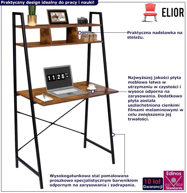 Industrialne biurko pod laptopa z półką postarzany dąb - Loco
